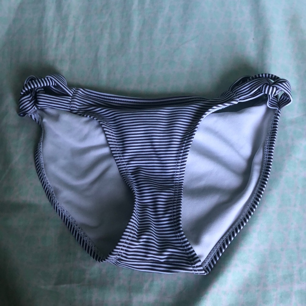 blue and white pinstripe bathing suit bottoms